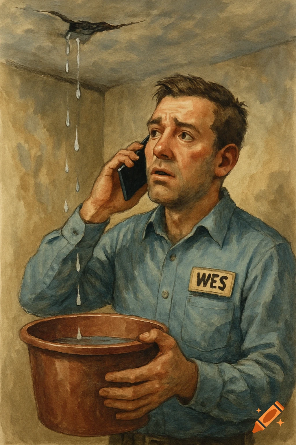A man named Wes holds a bucket under a ceiling leak while talking on the phone, painted style.
