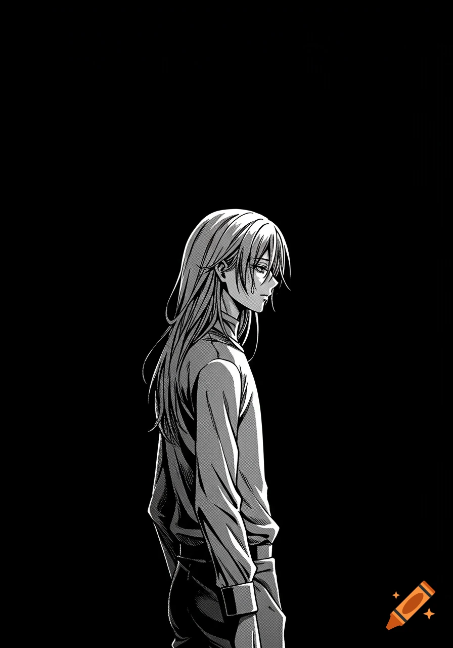 Black and white anime character seen from the side, looking away with a tear.