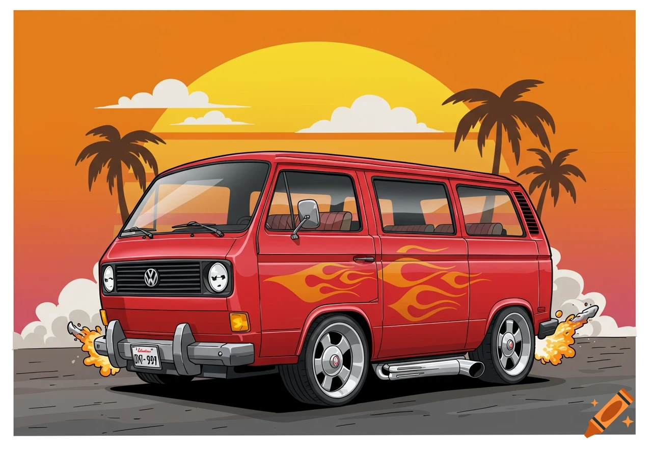 A red VW Vanagon hot rod with flames, parked by palm trees against a sunset, cartoon style.