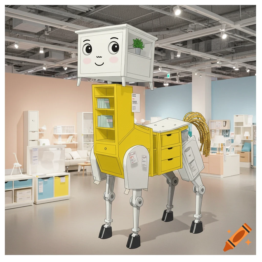 A cartoonish centaur creature made of furniture pieces in an IKEA store.