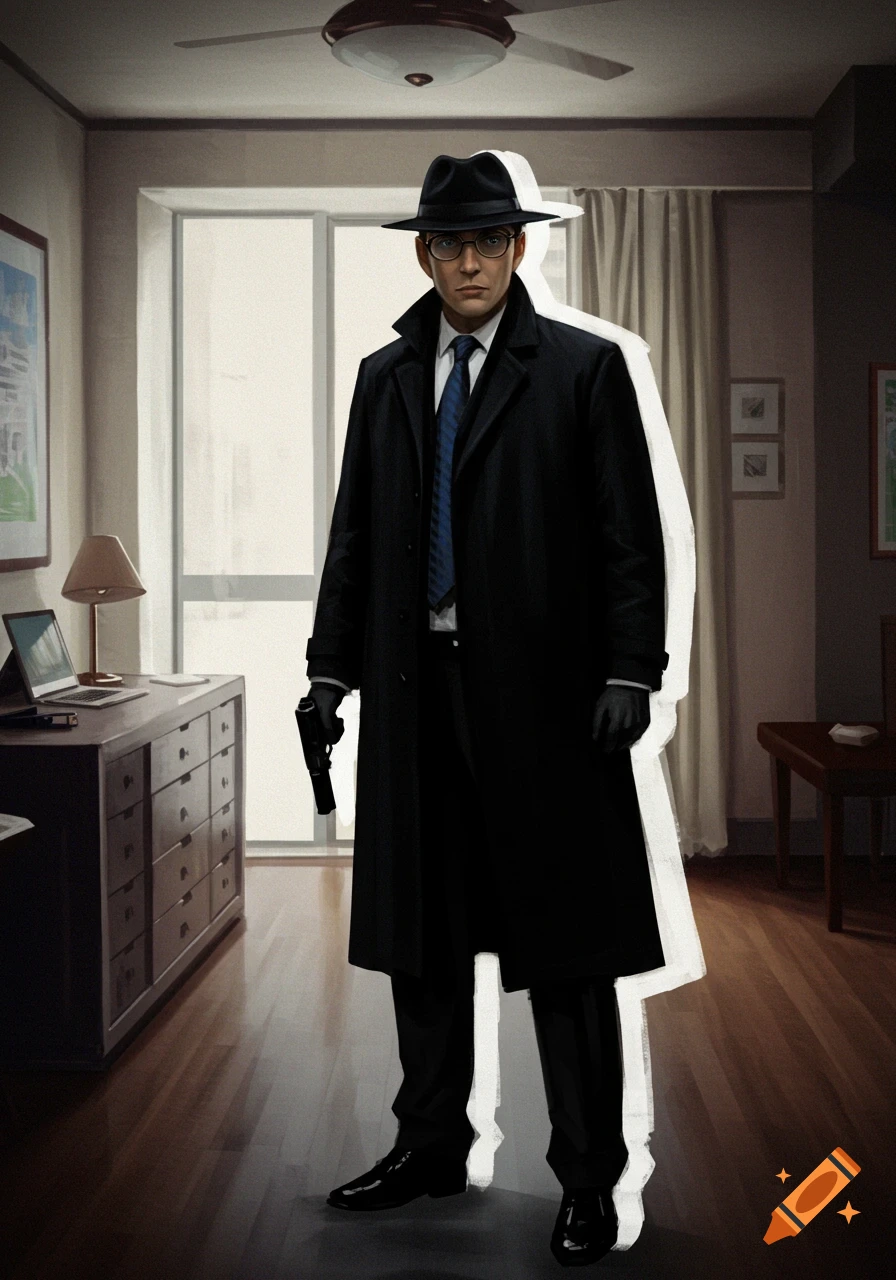 A man dressed as a detective in a trench coat and hat stands in a room with a white outline around him, holding a pistol.