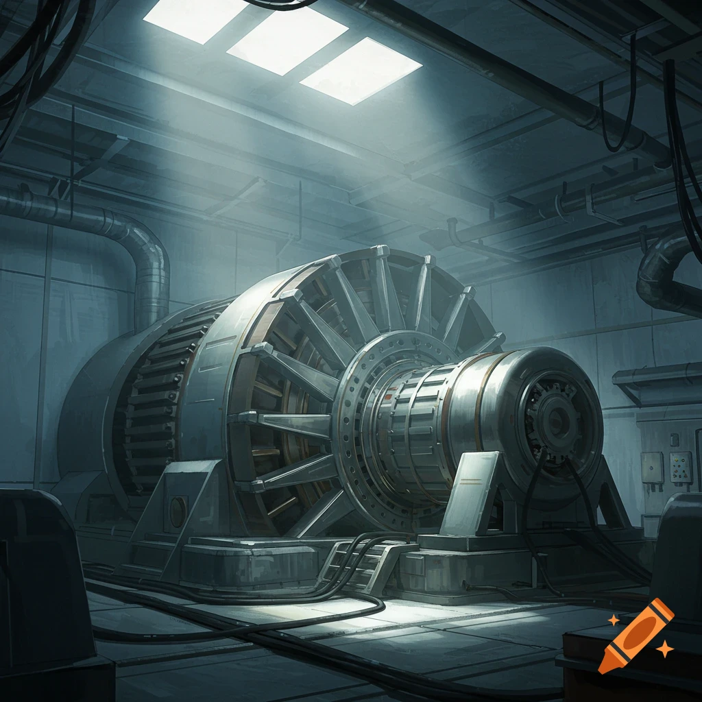 Large rotary machine in a dark industrial room