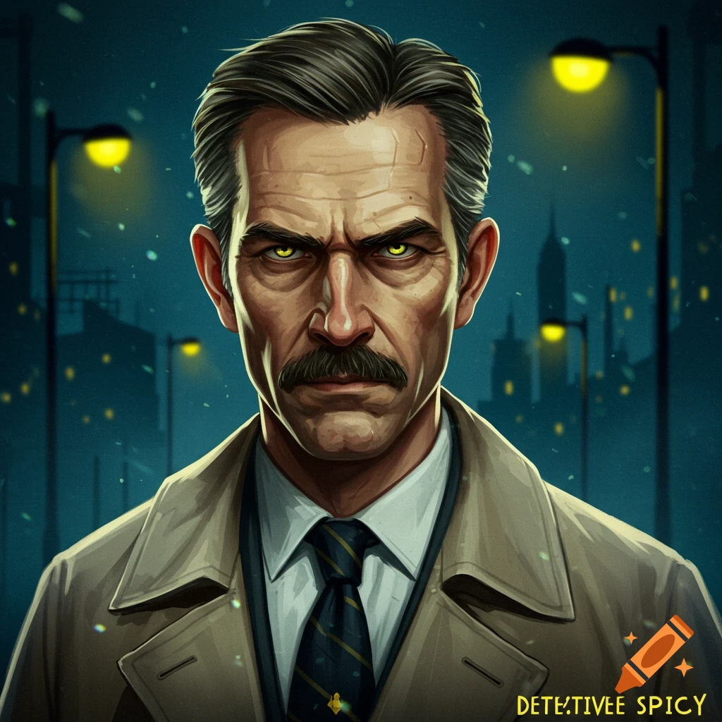 Illustration of a stern man in a trench coat with glowing yellow eyes standing in a city street at night.