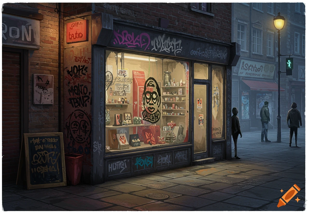 A night scene of a graffiti-covered shop front with figures on the street in an urban setting, in a stylized illustration.