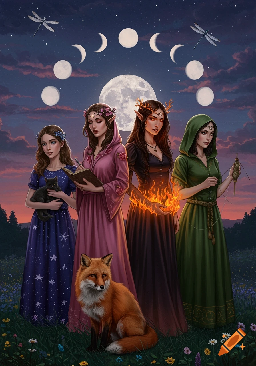 Four women, a fox, and a cat stand under moon phases and dragonflies in a mystical fantasy landscape.
