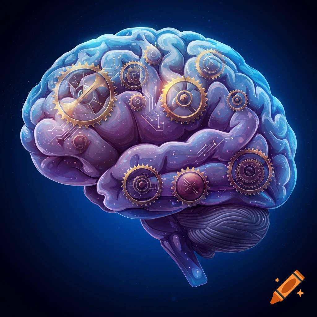 A vibrant illustration of a human brain with gears and circuitry embedded within, symbolizing artificial intelligence.