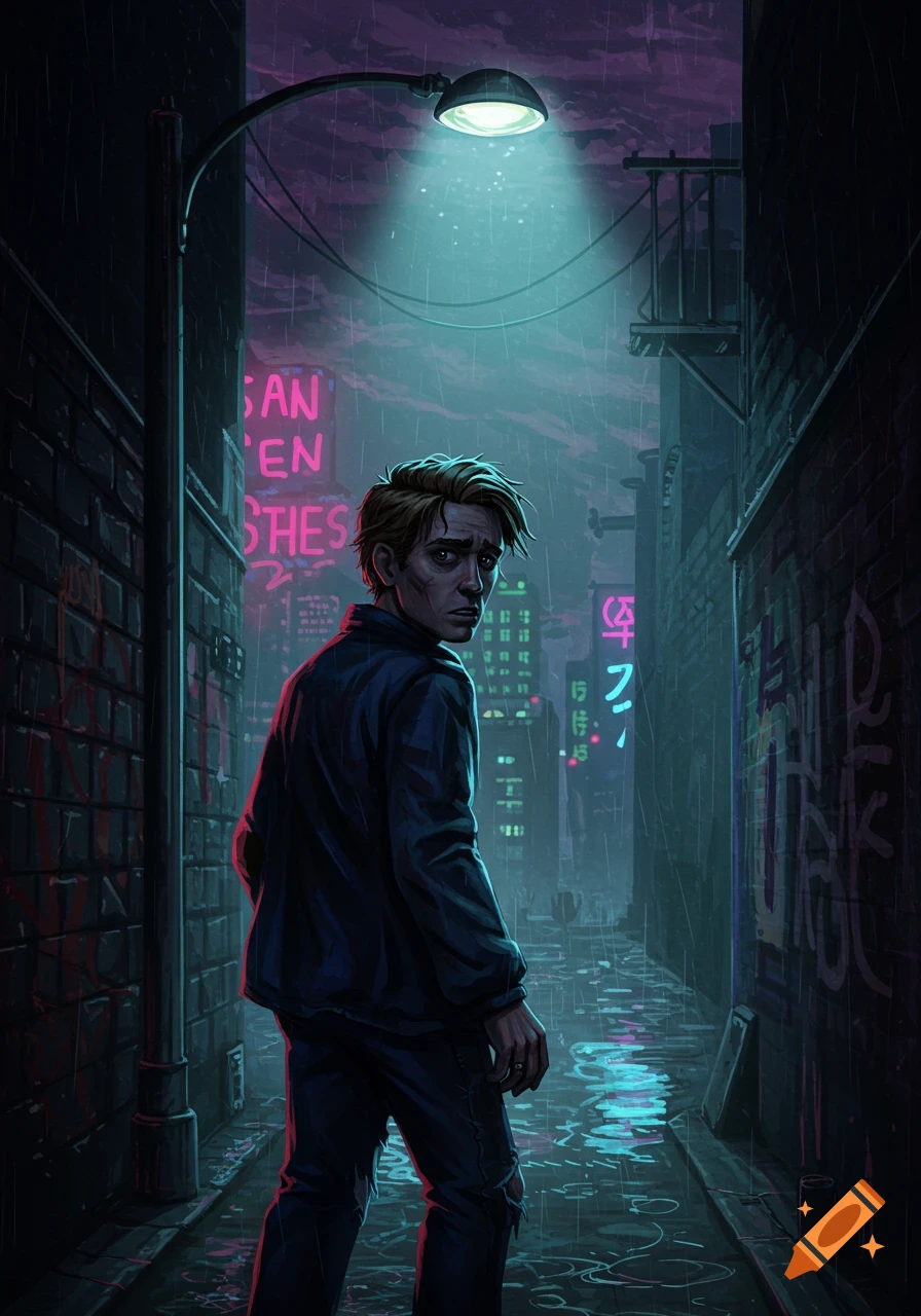 Person stands in a dark, rainy alleyway lit by neon signs.