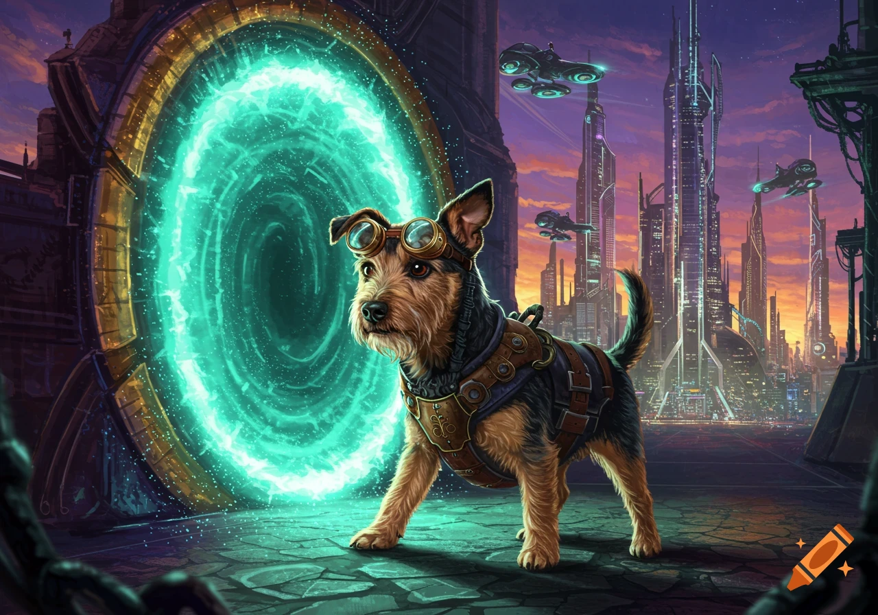 A steampunk-styled dog wearing goggles and a harness stands near a glowing portal in a futuristic city.