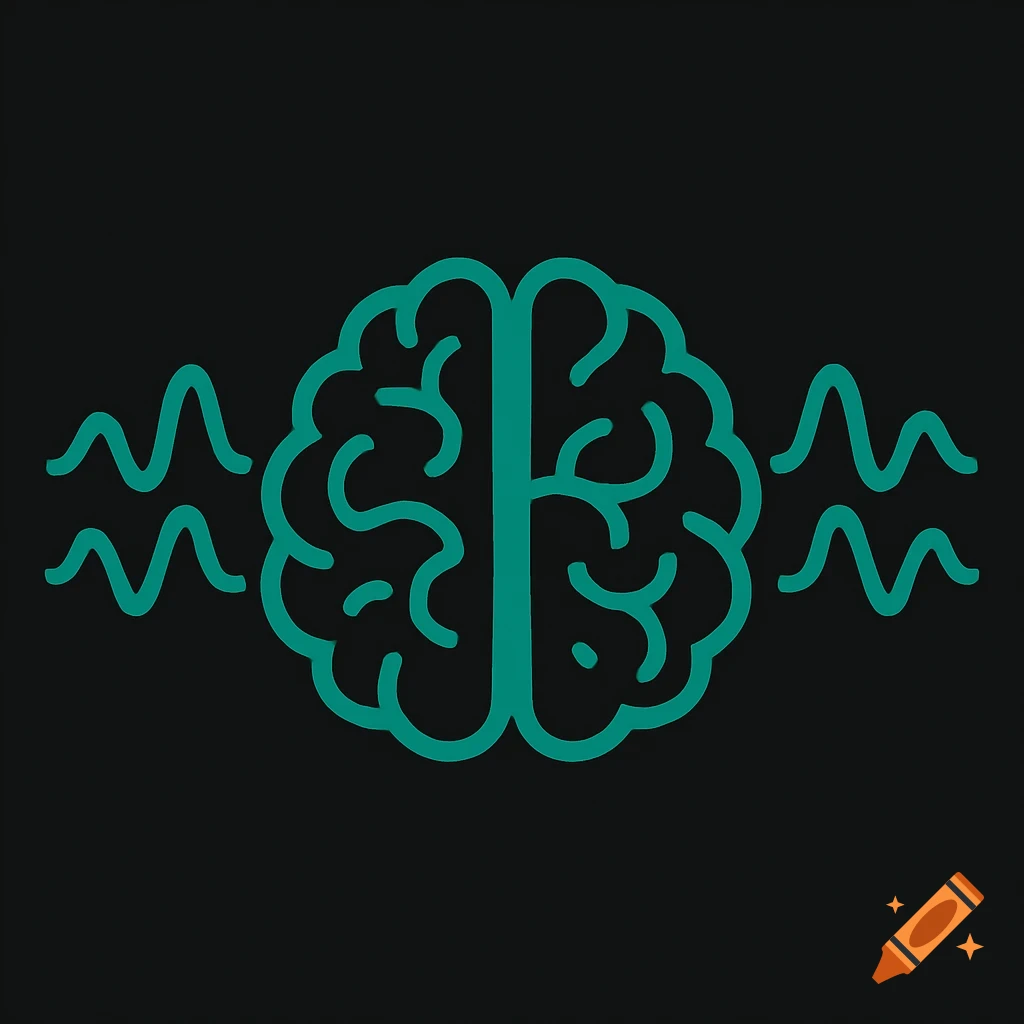 Teal brain outline with sine waves on a black background.