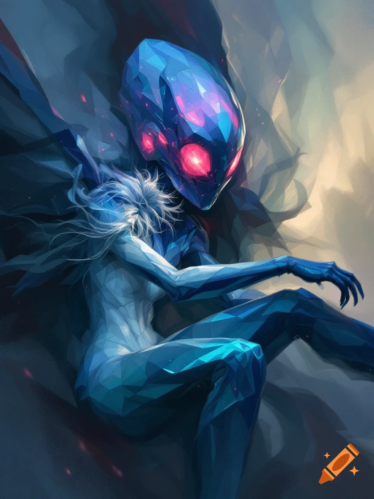 Digital art of a blue crystal-like alien figure with red eyes.