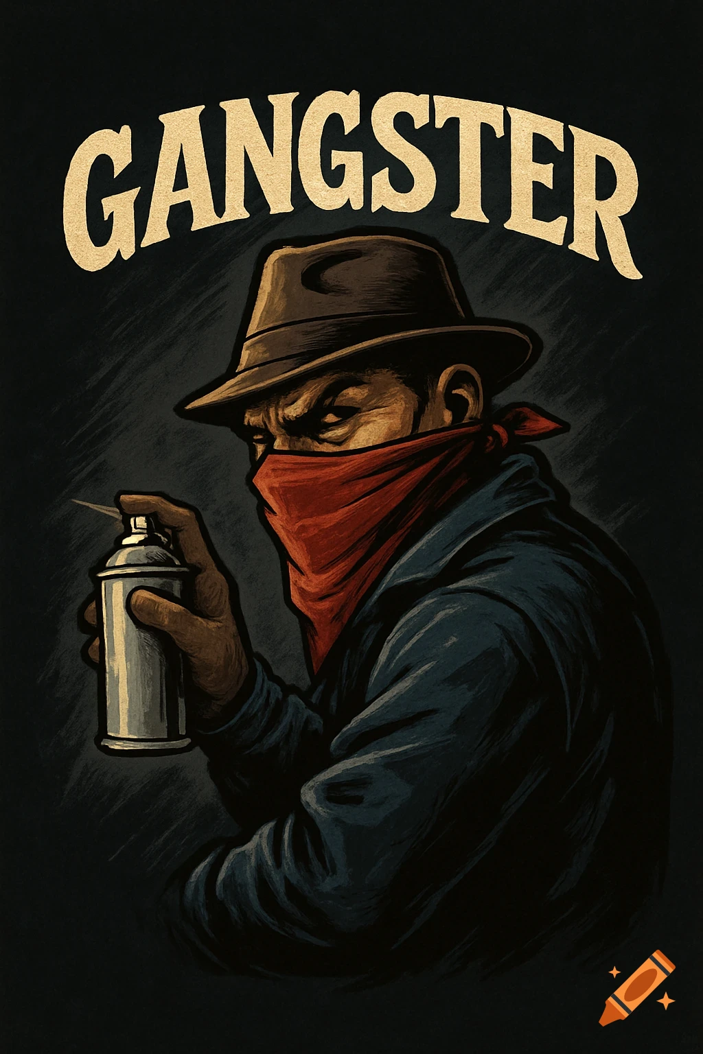 Illustration of a person with a bandanna over their face and a hat, holding a spray can, with the word 'GANGSTER' above.
