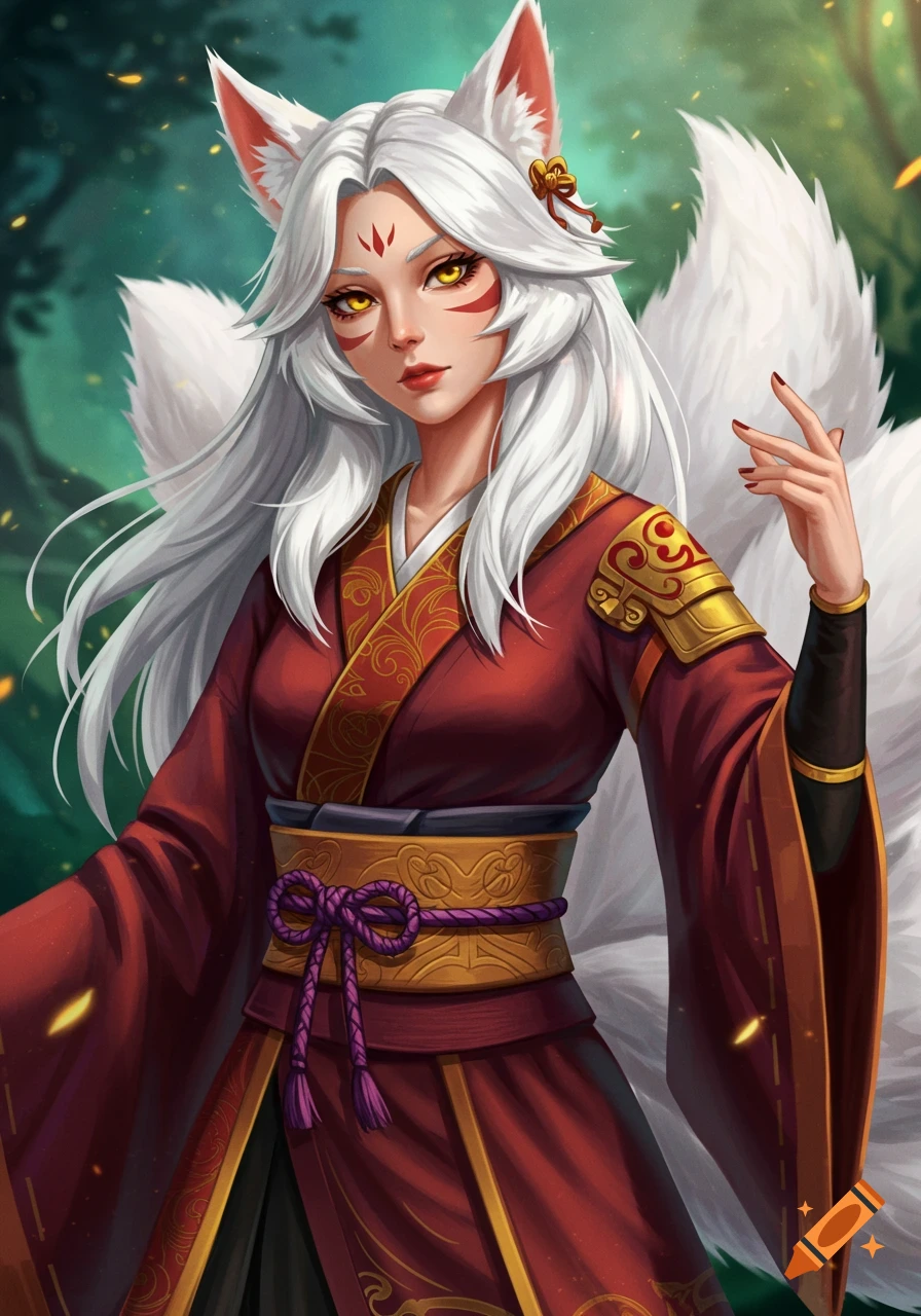 Female kitsune in red kimono with white fur and tails in a forest clearing, fantasy art.