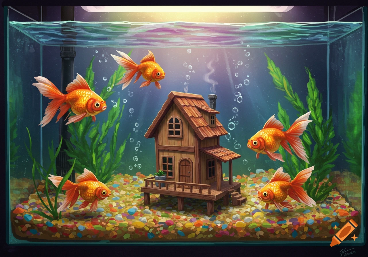 Illustration of goldfish swimming in a fish tank with a small wooden house inside.
