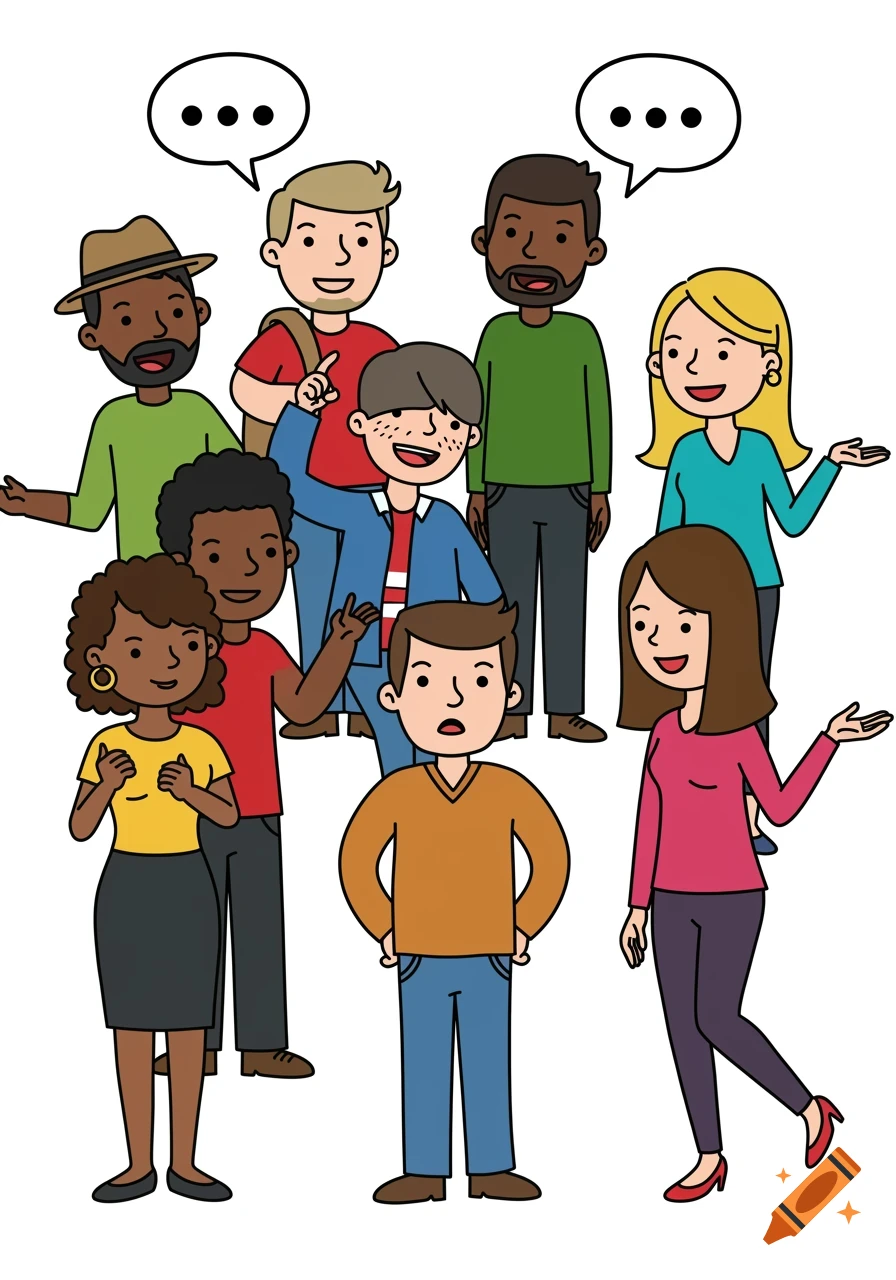 Cartoon illustration of a diverse group of people talking with speech bubbles.