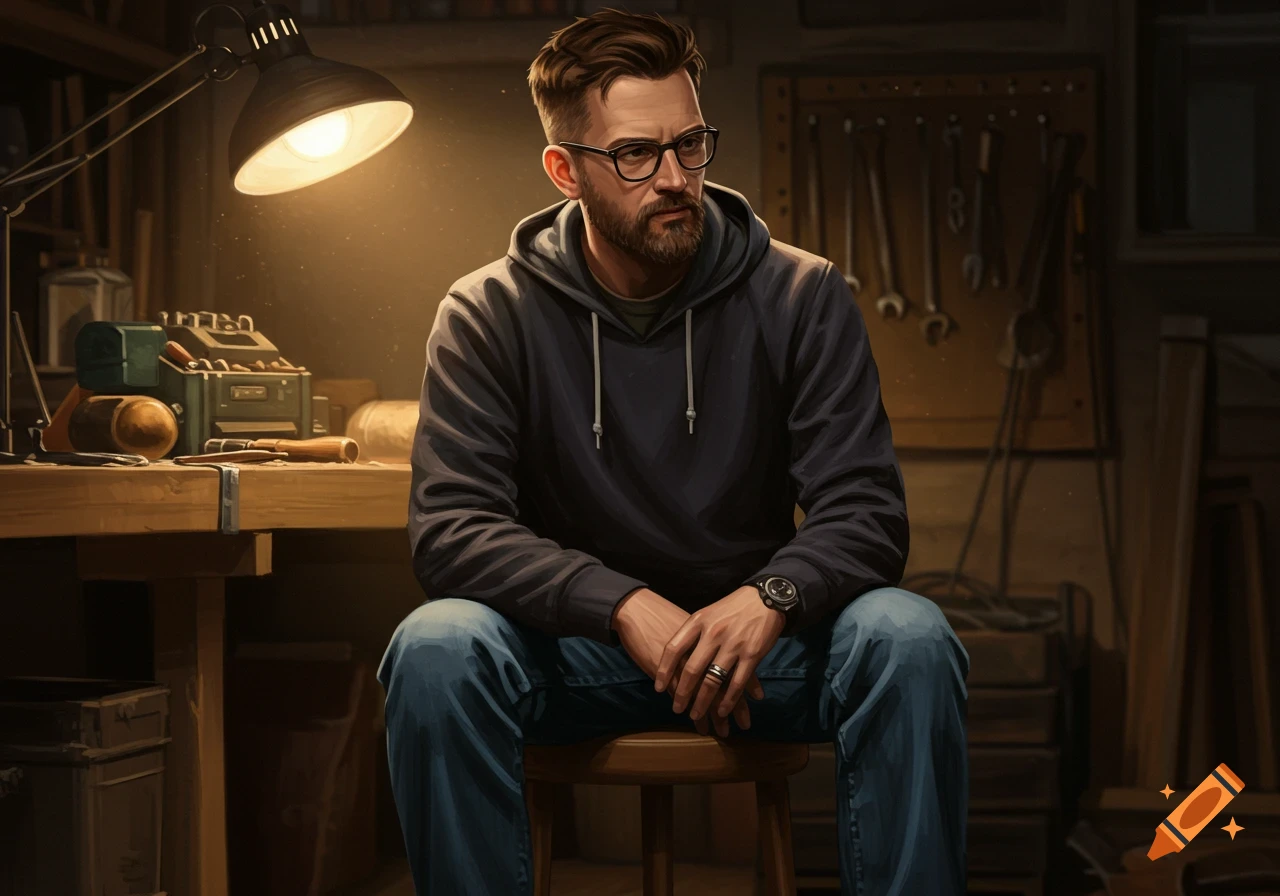 Digital painting of a man with beard and glasses sitting in a workshop under a lamp.
