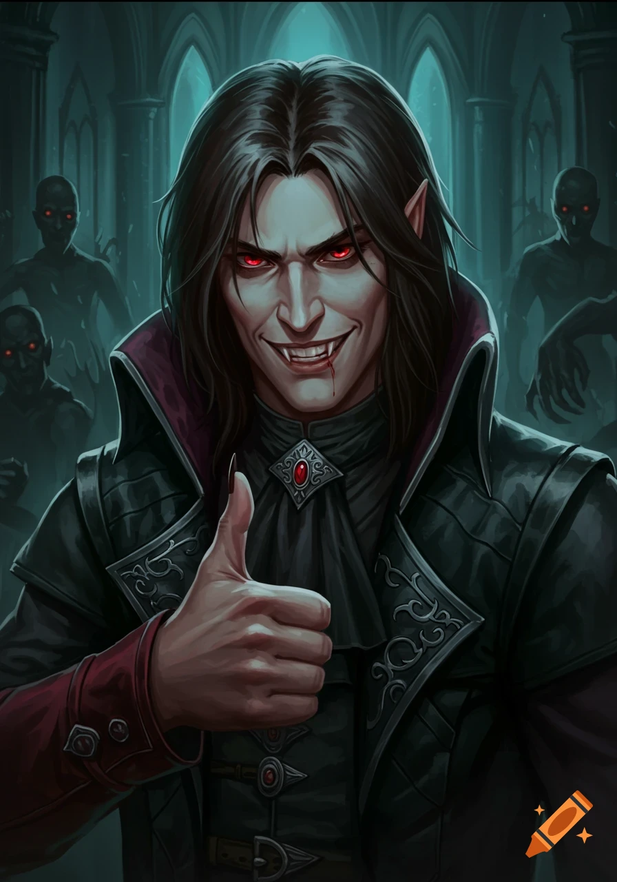 Illustration of a smiling vampire with red eyes and fangs giving a thumbs up, shadowy figures in the background.