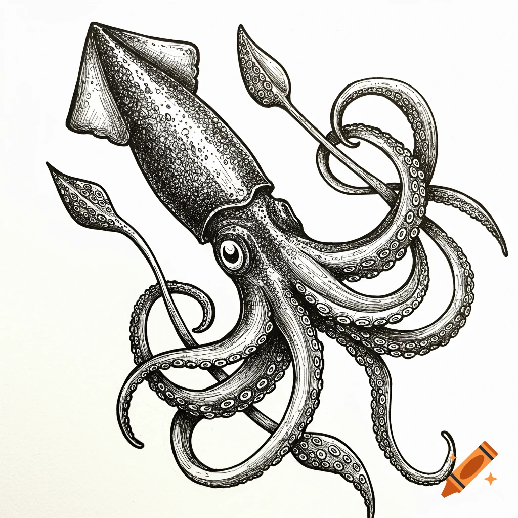 Intricate black and white pen and ink drawing of a squid with tentacles wrapped around spear-like objects.