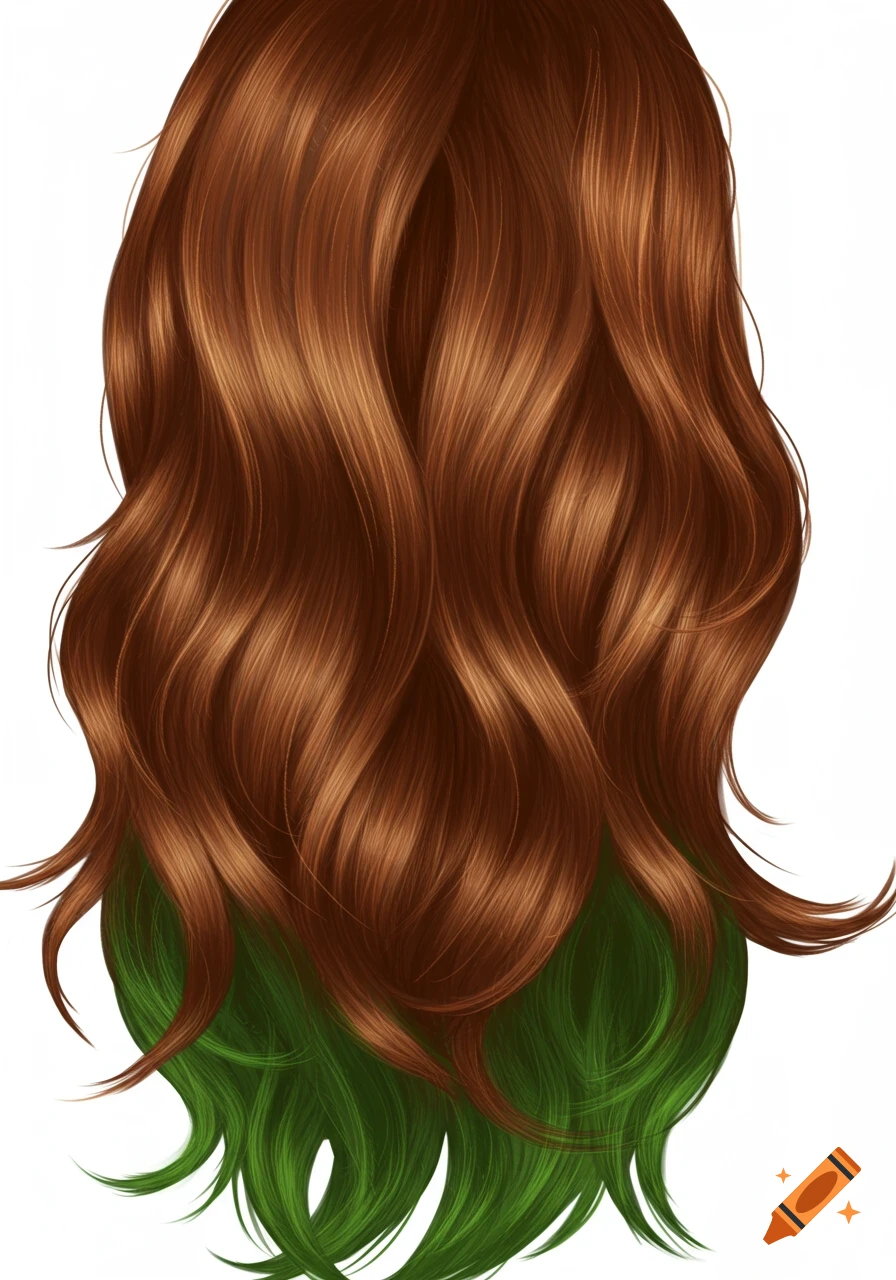 Wavy chestnut brown hair with forest green tips against a white background, illustration.