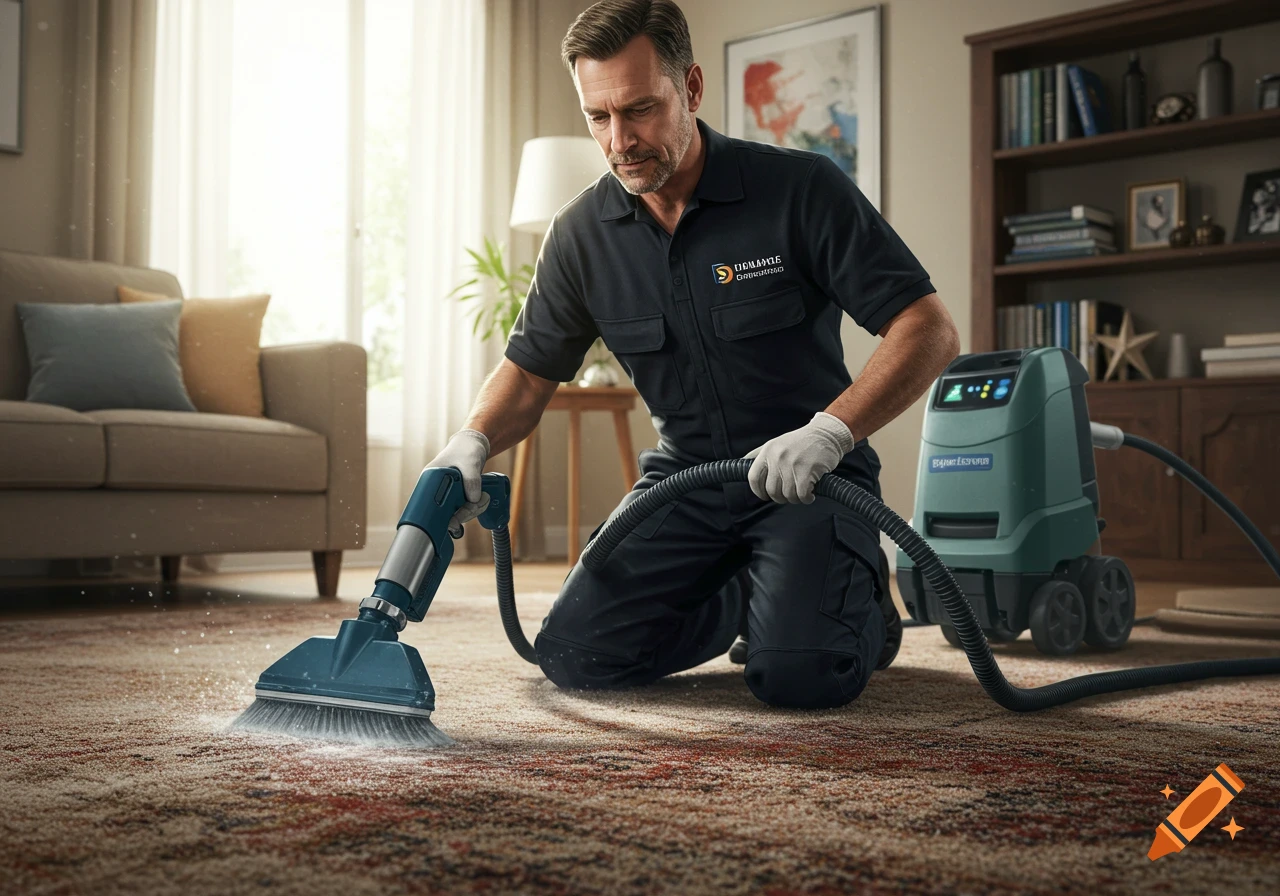 A man kneels to clean a carpet in a living room using a professional carpet cleaning machine. Photorealistic.