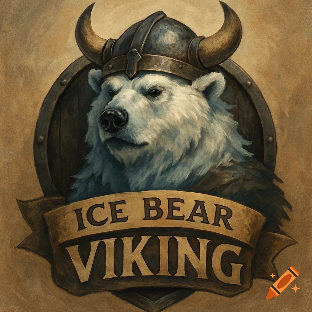 Painting of a polar bear wearing a viking helmet, set against a shield shape with a banner below reading "ICE BEAR VIKING".