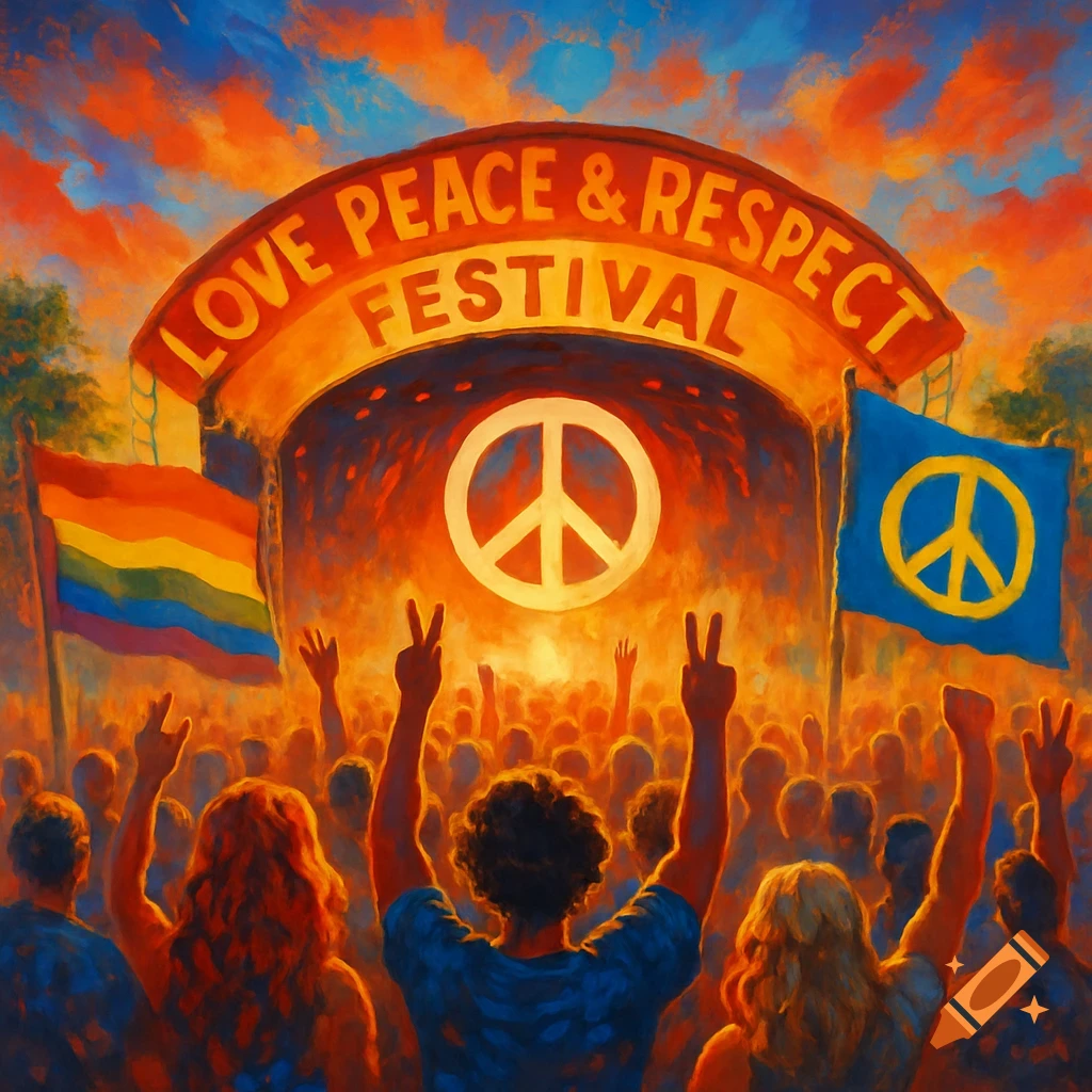Painterly image of a crowd raising peace signs at a festival under an archway with 'LOVE PEACE & RESPECT FESTIVAL' text, peace symbols, and a rainbow flag.