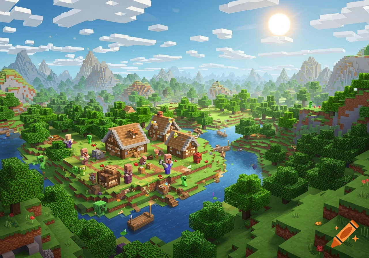 A rendered view of a Minecraft village nestled in a lush green landscape with rivers and mountains under a bright sky.