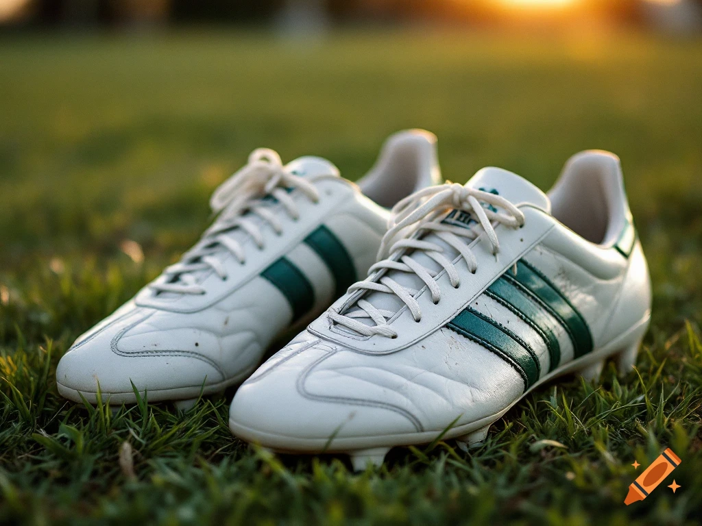 Vintage Adidas soccer cleats on a grass field during golden hour lighting. Photorealistic.