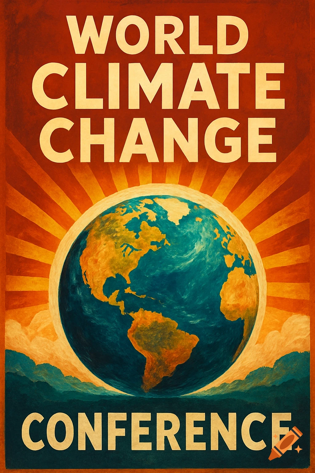 Poster for a world climate change conference with text, earth, and sunburst.