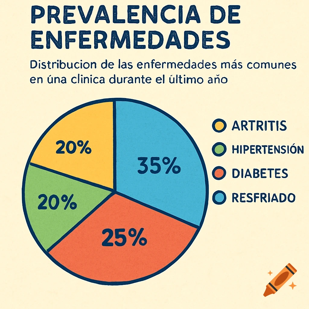 An animated style pie chart showing the prevalence of diseases. The chart is divided into four segments with percentages and labels: 35% for RESFRIADO (Cold), 25% for DIABETES, 20% for HIPERTENSIÓN (Hypertension), and 20% for ARTRITIS (Arthritis). The title reads "PREVALENCIA DE ENFERMEDADES".
