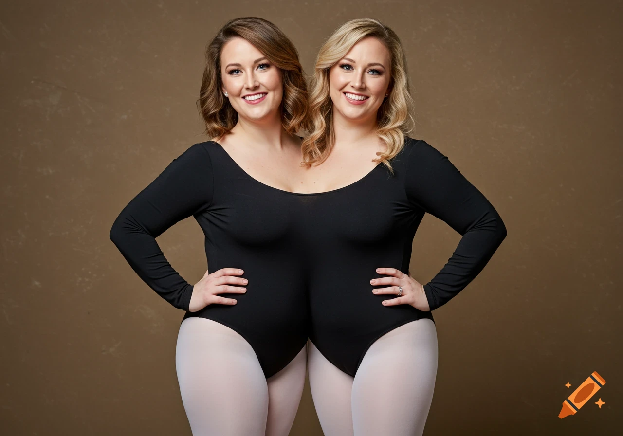 Two smiling women in a single black leotard and white tights appear fused together, standing with hands on hips.