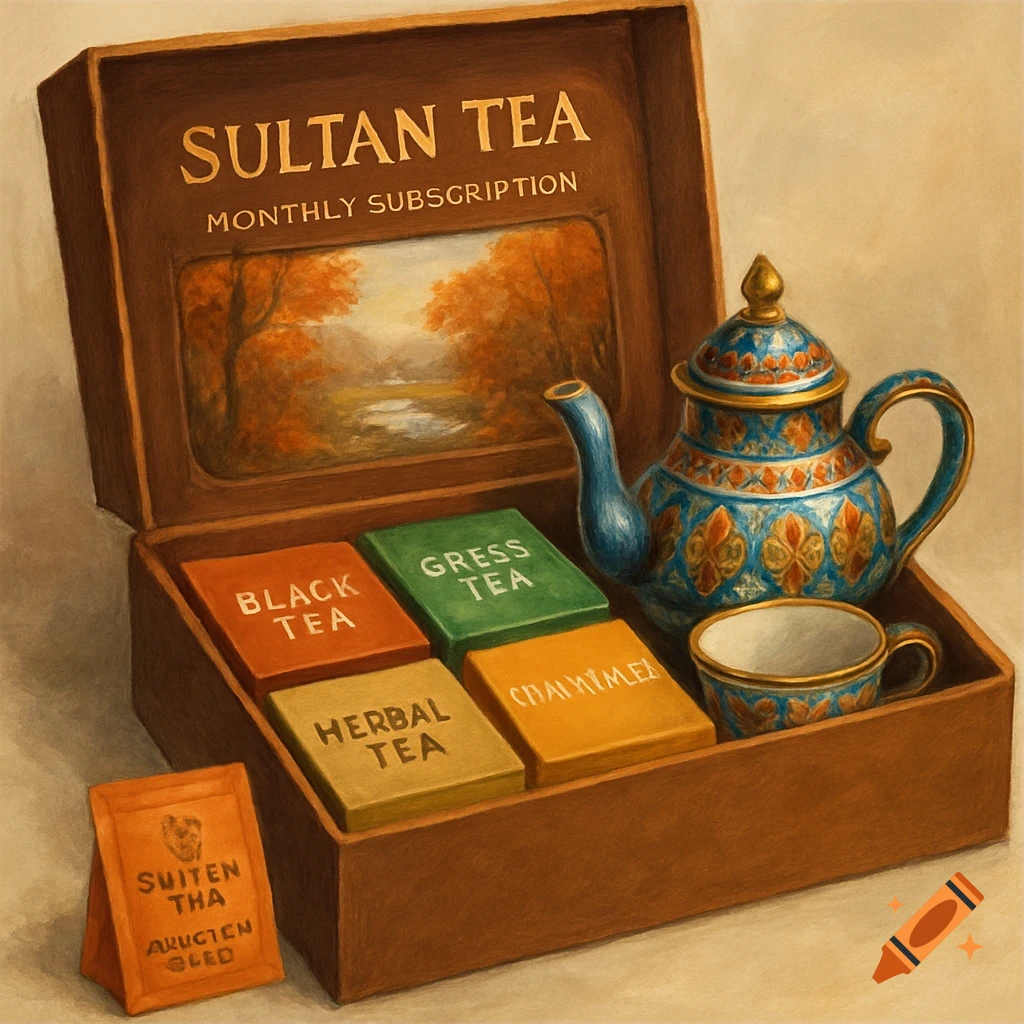 A wooden box containing tea packets, a decorative teapot, and a cup, in a painted style.