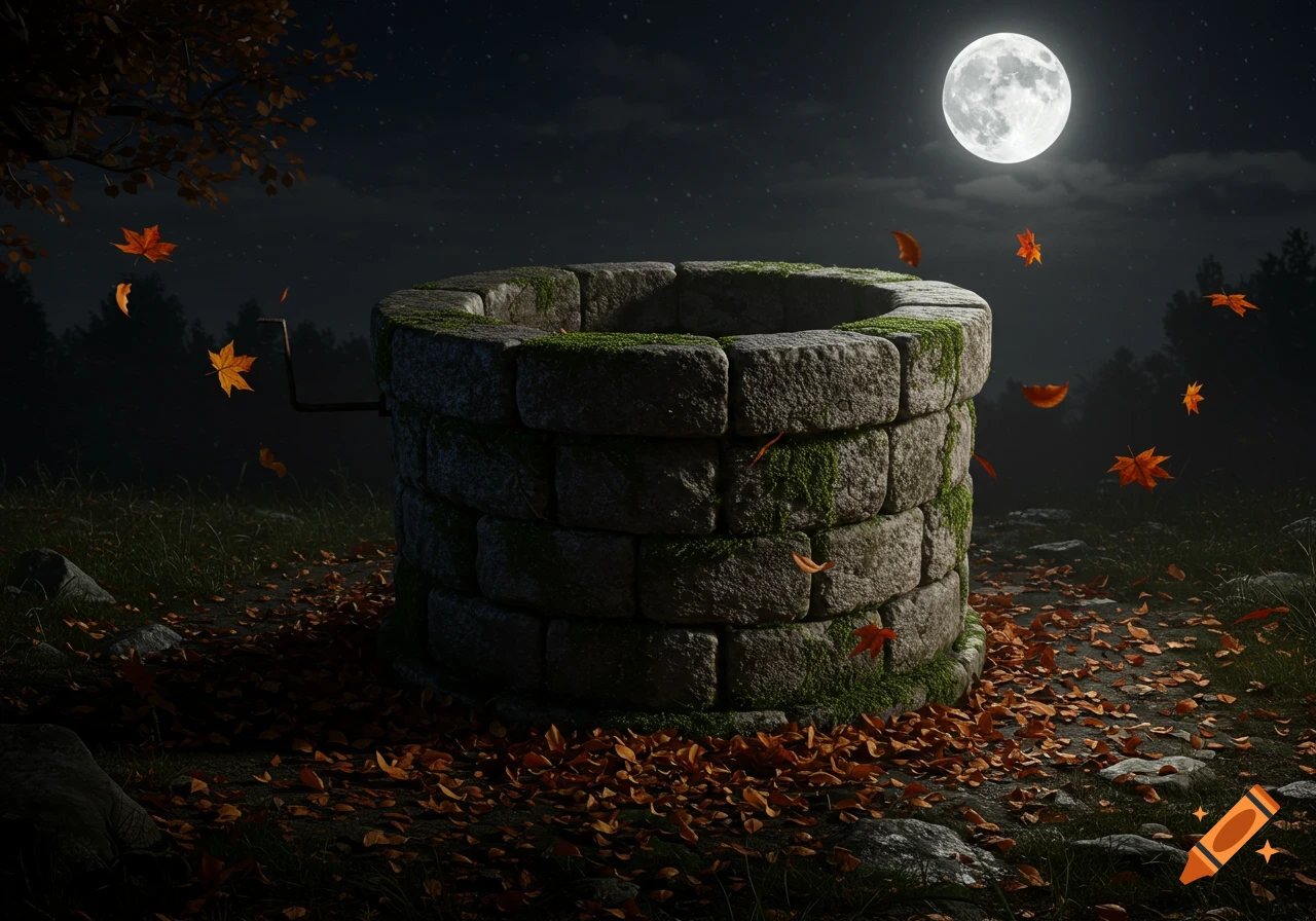 An old stone well at night under a full moon with falling autumn leaves.