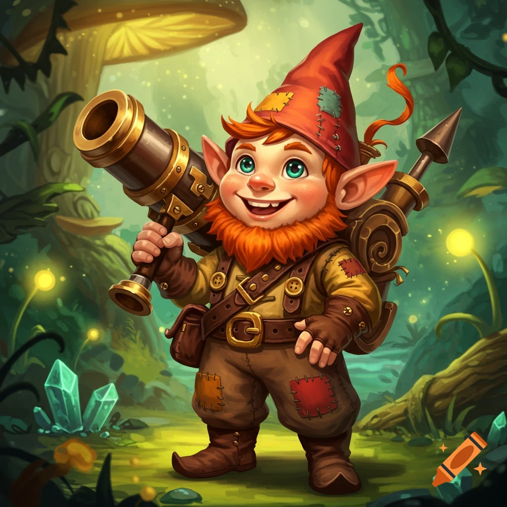 A smiling youthful gnome with a large cannon on his shoulder stands in a fantasy forest.