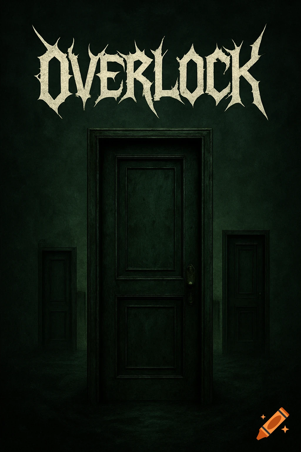 Metal album cover art with text OVERLOCK above dark doors in a gloomy green room.