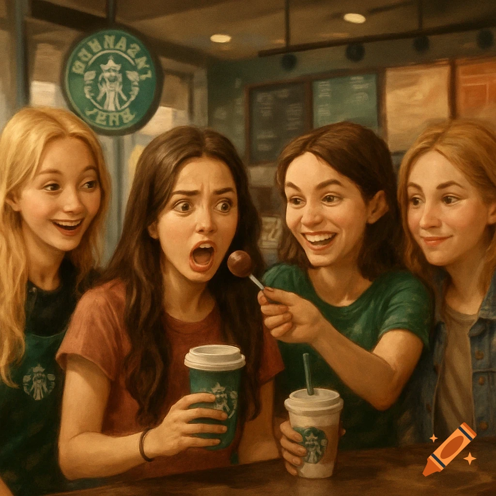 Four young women in a coffee shop with drinks, one looks scared as another offers her a cake pop, others laugh. Painterly style.
