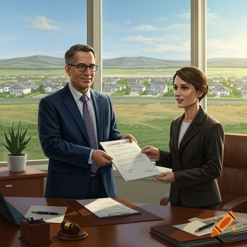 Two people in suits exchange a document in an office overlooking a suburban neighborhood, illustrated.