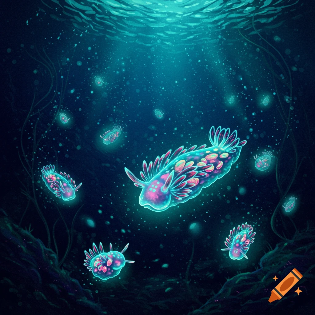Glowing alien sea slug creatures swim underwater