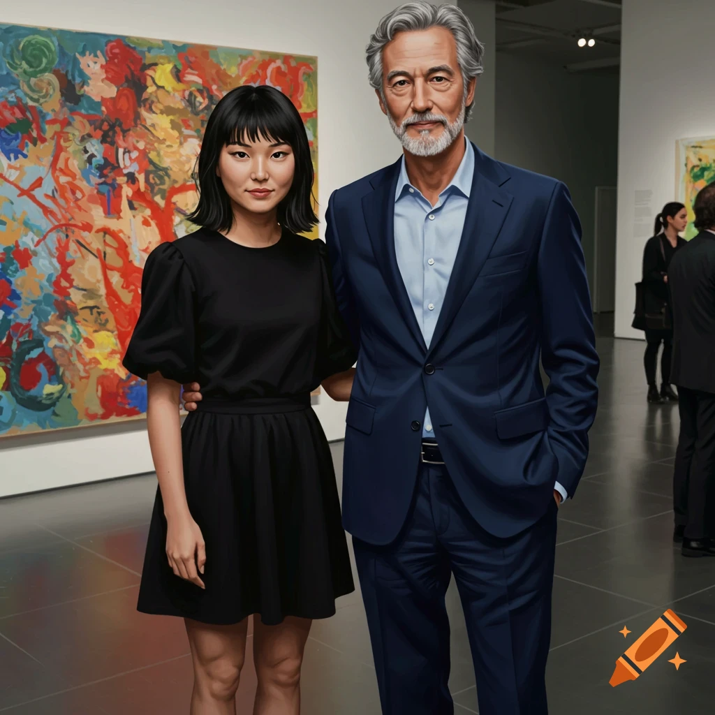 Two people pose in front of a large abstract painting in an art gallery