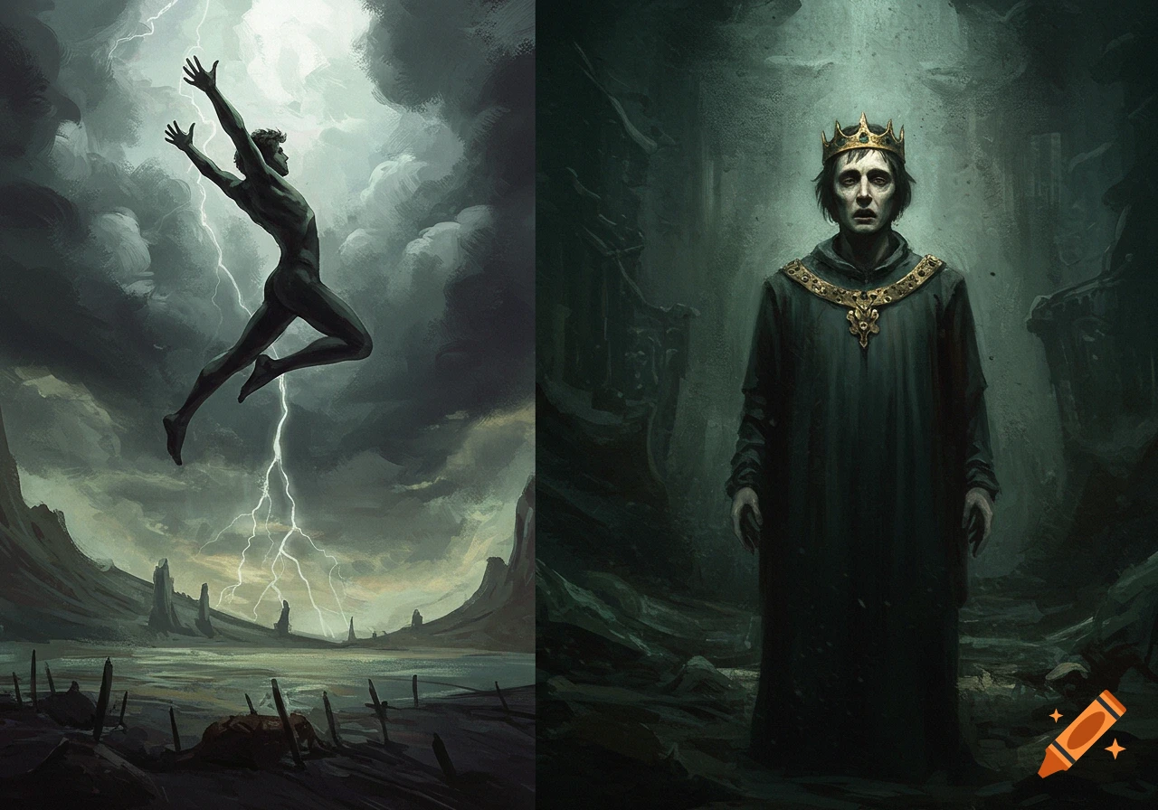 Diptych: nude figure leaps in storm with lightning, tormented king in dark setting.