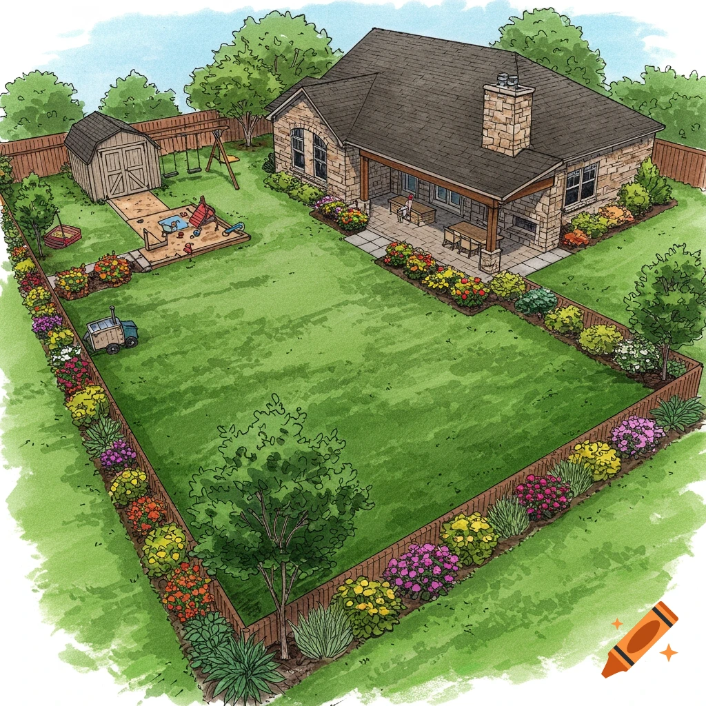 Illustrated aerial view of a house and landscaped yard with patio, playground, shed, and garden beds.