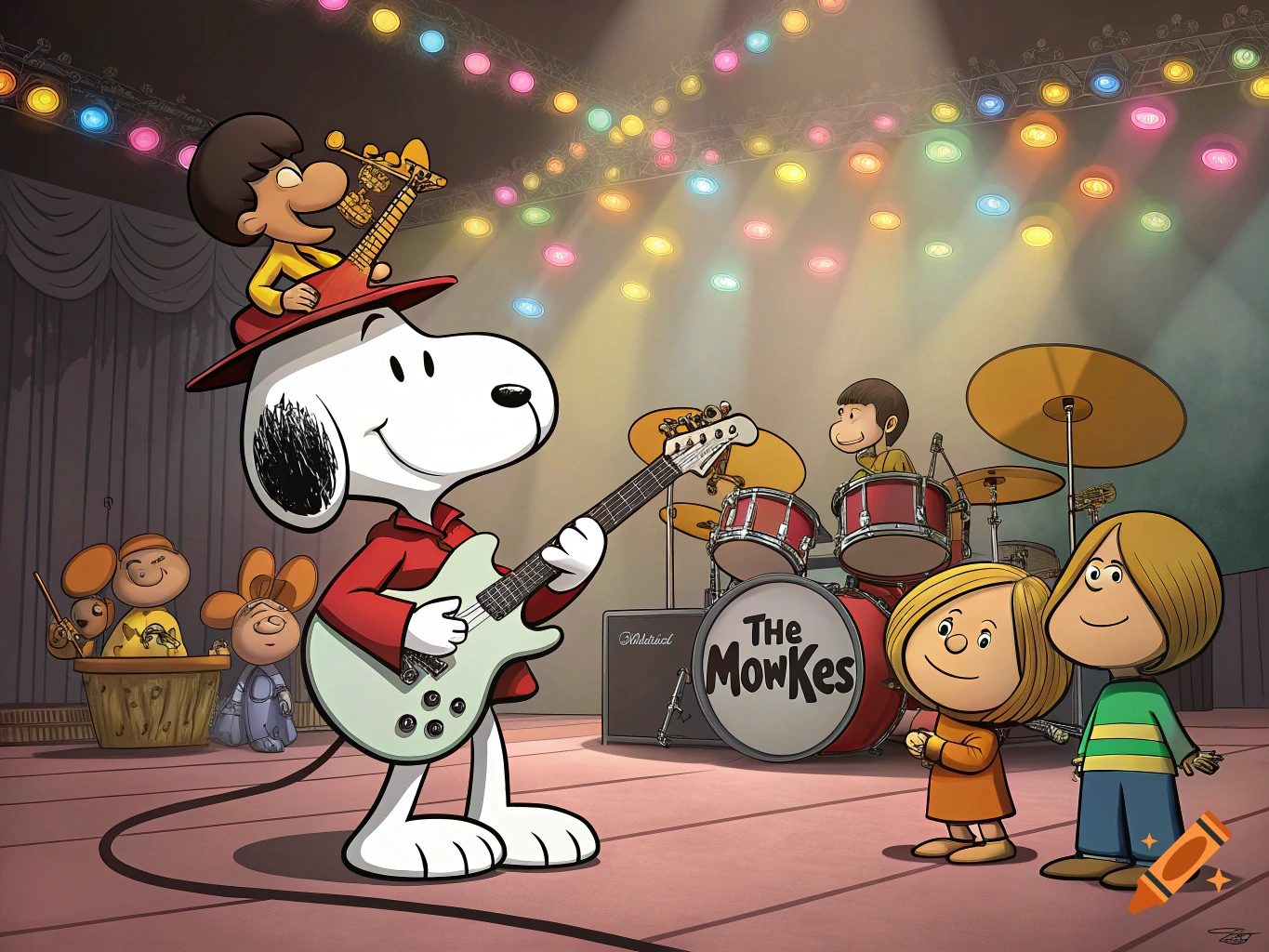 Snoopy plays guitar in a cartoon band on stage with other characters under colorful lights.