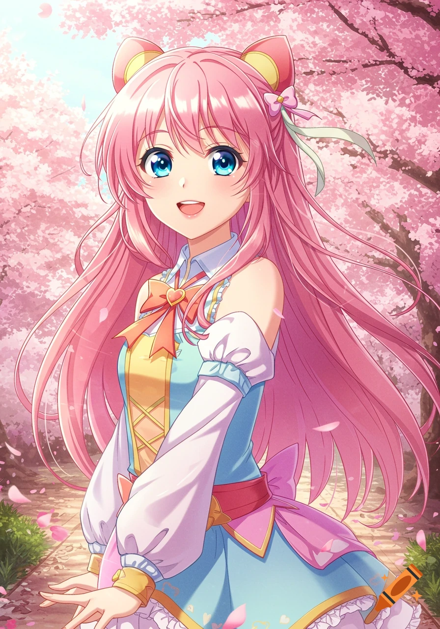 Anime girl with pink hair and blue eyes in a dress stands among cherry blossom trees.