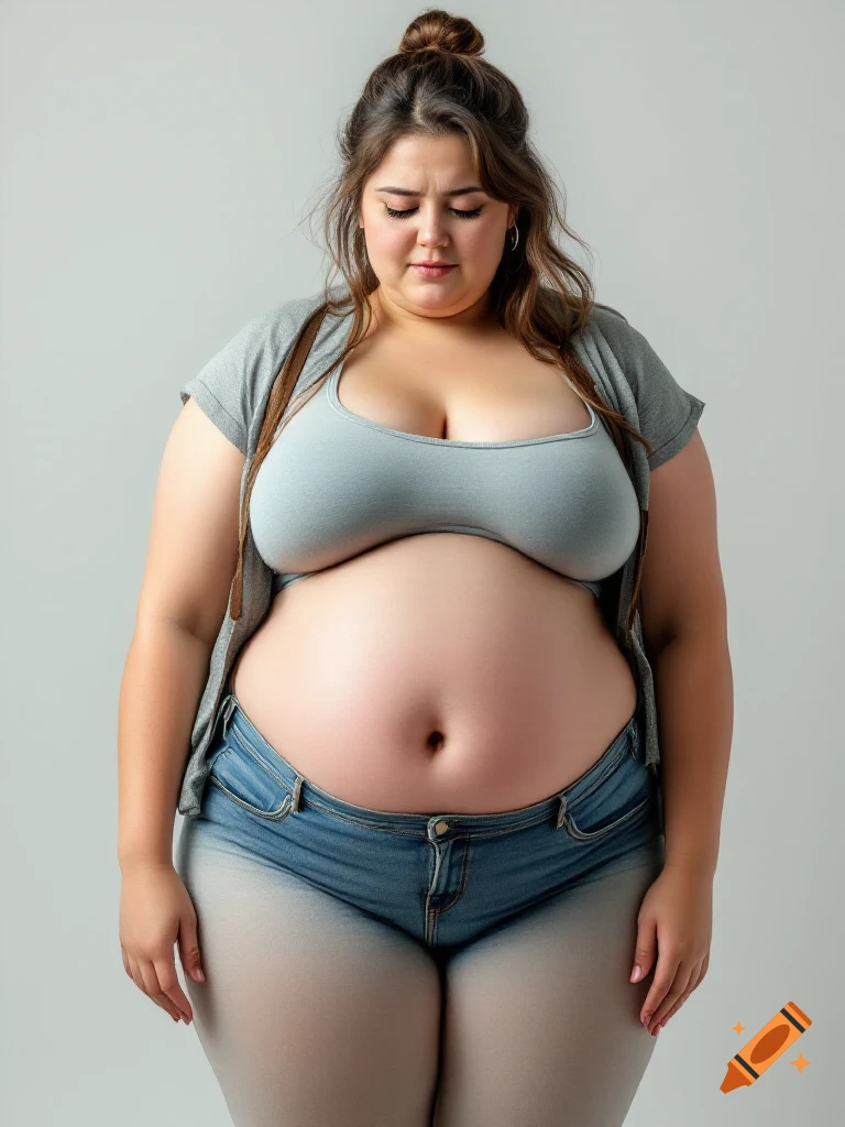 A woman with an exaggeratedly round belly, wearing a grey top and shorts, looks down in a studio setting.