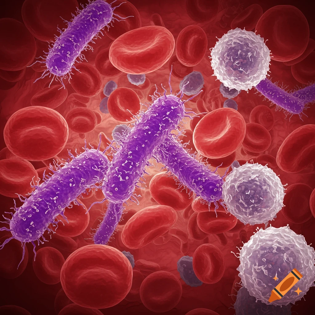 Purple bacteria among red and white blood cells in a bloodstream.