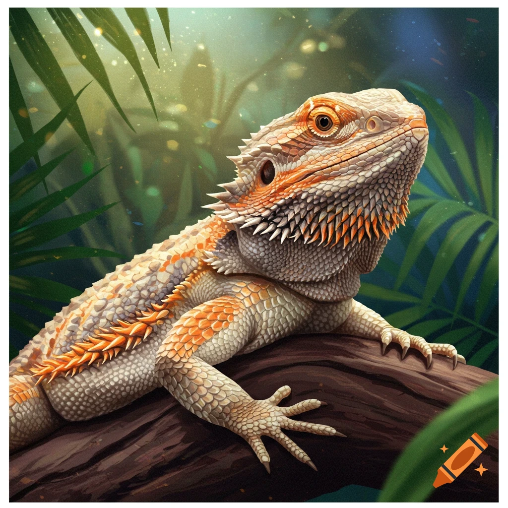 Close-up of a bearded dragon perched on a branch in a vibrant jungle