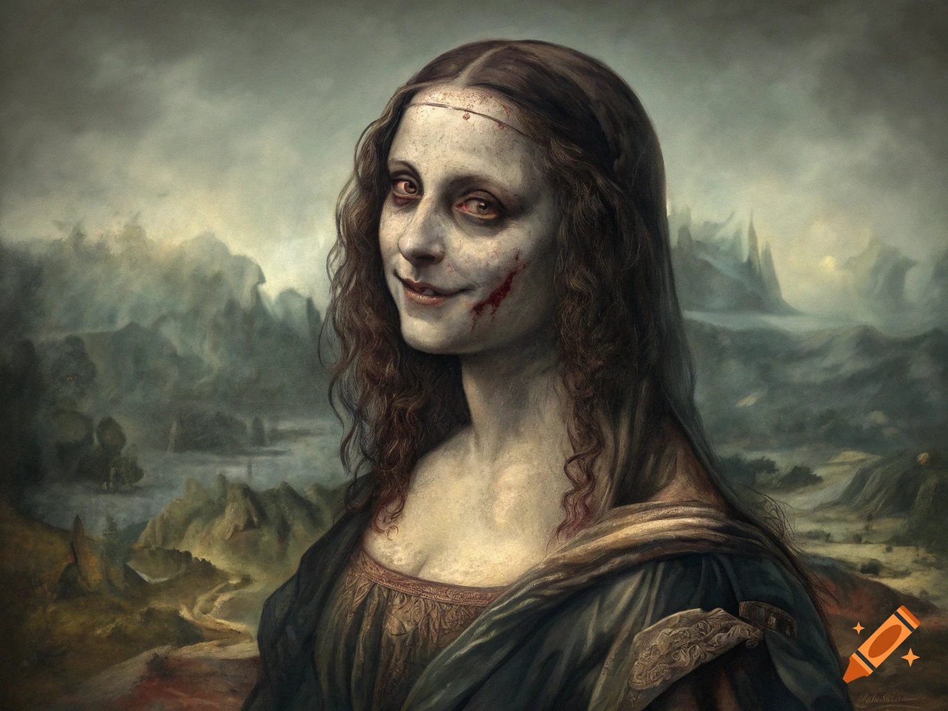 A zombie version of the Mona Lisa painting with pale skin, dark eyes, and cuts.
