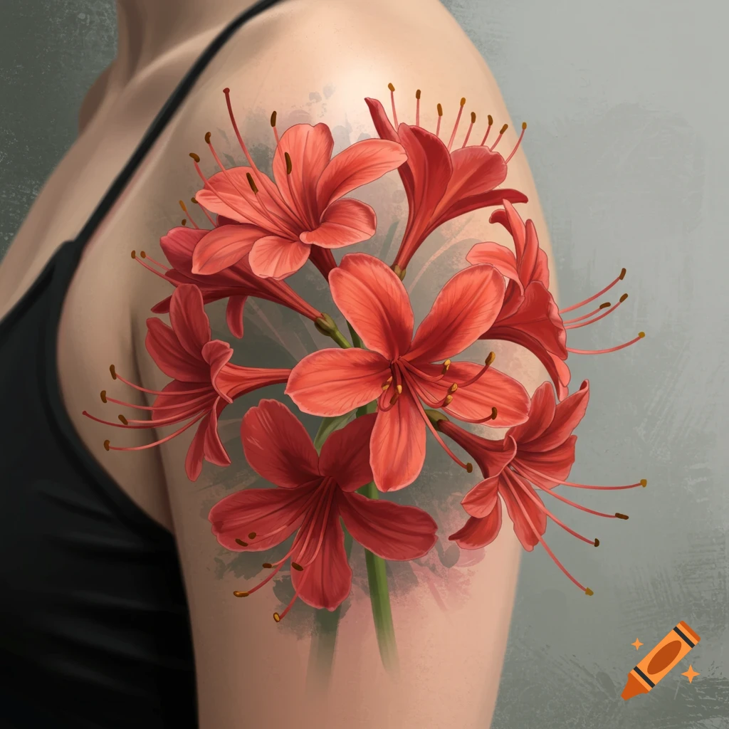 Tattoo of red spider lilies on a shoulder on Craiyon