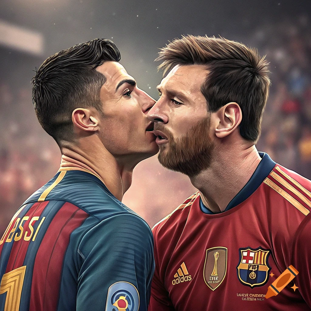 Illustration of soccer players Ronaldo and Messi kissing, wearing their respective team jerseys.