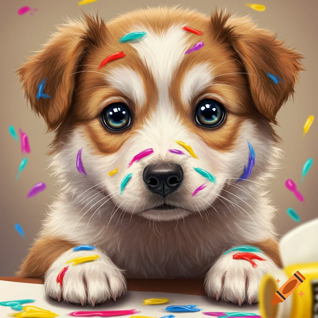 A cute puppy covered in colourful paint splatters looks at the viewer.