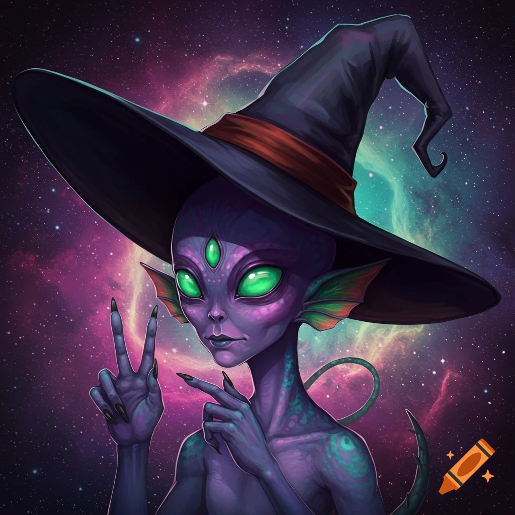 A purple alien creature in a witch hat makes a peace sign against a starry space background.